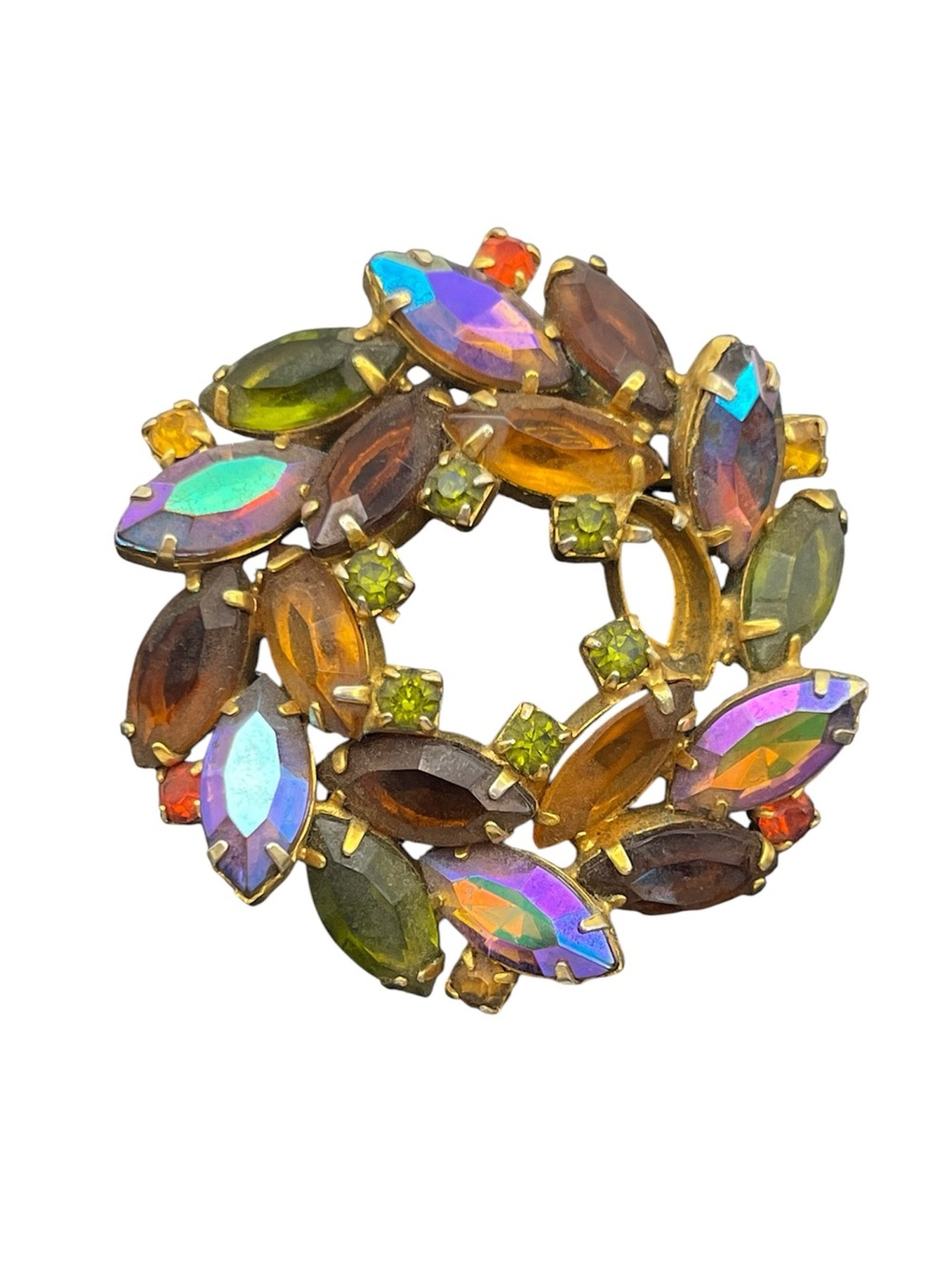 Juliana D&E Autumn Fall rhinestone wreath brooch pin gold tone green brown